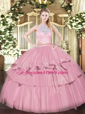 Best Baby Pink Two Pieces Tulle Scoop Sleeveless Lace and Ruffled Layers Floor Length Zipper Sweet 16 Dress