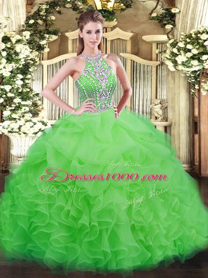 Excellent Halter Top Sleeveless Sweet 16 Quinceanera Dress Floor Length Beading and Ruffles Tulle