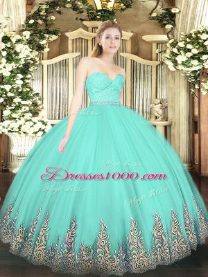 Adorable Sleeveless Floor Length Beading and Lace and Appliques Zipper Quinceanera Dresses with Apple Green