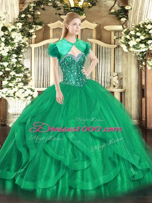 Amazing Turquoise Sleeveless Floor Length Beading and Ruffles Lace Up Vestidos de Quinceanera