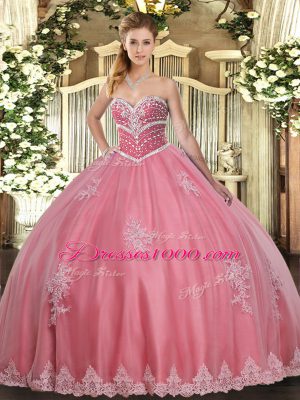 Superior Tulle Sweetheart Sleeveless Lace Up Beading and Appliques Sweet 16 Dress in Watermelon Red
