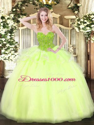 Yellow Green Ball Gowns Sweetheart Sleeveless Organza Floor Length Lace Up Beading 15th Birthday Dress