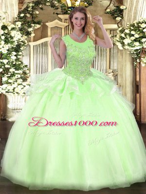 Captivating Scoop Sleeveless Sweet 16 Dresses Floor Length Beading Yellow Green Organza