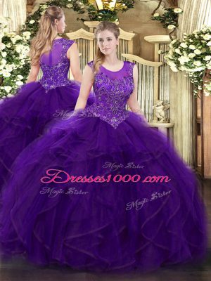 Sumptuous Purple Organza Zipper Sweet 16 Dresses Sleeveless Floor Length Beading and Ruffles