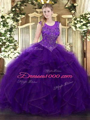Sumptuous Purple Organza Zipper Sweet 16 Dresses Sleeveless Floor Length Beading and Ruffles