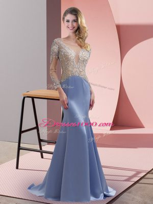 Amazing Lavender Mermaid Scoop 3 4 Length Sleeve Elastic Woven Satin Brush Train Zipper Beading Party Dress Wholesale