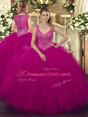 Hot Selling V-neck Sleeveless Tulle 15 Quinceanera Dress Beading and Ruffles Zipper