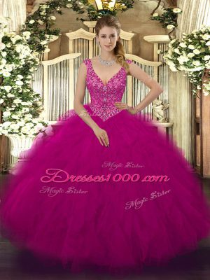 Hot Selling V-neck Sleeveless Tulle 15 Quinceanera Dress Beading and Ruffles Zipper