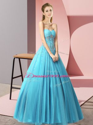 On Sale Sleeveless Floor Length Beading Lace Up Prom Evening Gown with Baby Blue