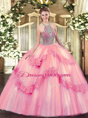 Spectacular Ball Gowns 15 Quinceanera Dress Baby Pink Halter Top Tulle Sleeveless Floor Length Lace Up