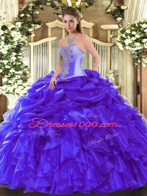 Popular Sweetheart Sleeveless Lace Up Quince Ball Gowns Blue Organza