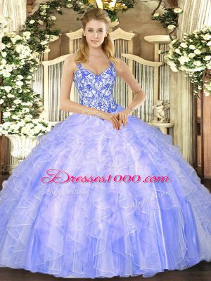 Nice Lavender Organza Lace Up Straps Sleeveless Floor Length Ball Gown Prom Dress Beading and Ruffles