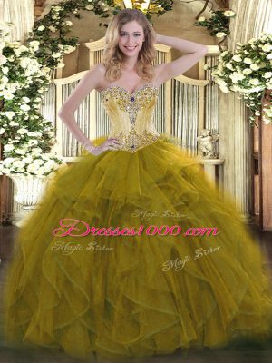 Organza Sweetheart Sleeveless Lace Up Beading and Ruffles Quinceanera Gowns in Olive Green
