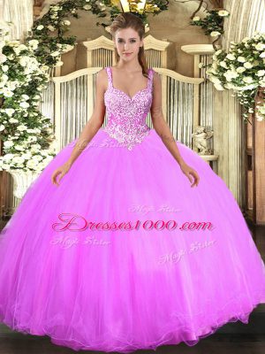 Ball Gowns Vestidos de Quinceanera Lilac Straps Tulle Sleeveless Floor Length Lace Up