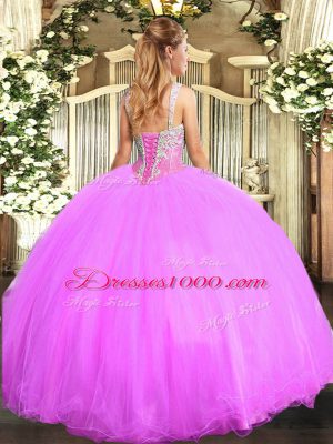 Ball Gowns Vestidos de Quinceanera Lilac Straps Tulle Sleeveless Floor Length Lace Up