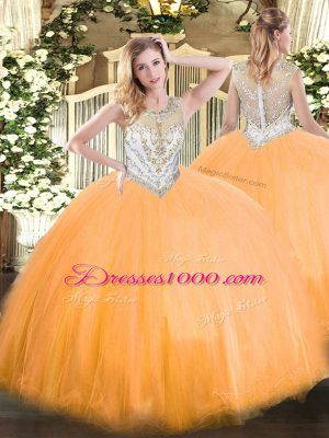 Floor Length Zipper Quinceanera Dress Orange Red for Military Ball and Sweet 16 and Quinceanera with Beading