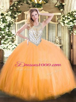 Floor Length Zipper Quinceanera Dress Orange Red for Military Ball and Sweet 16 and Quinceanera with Beading