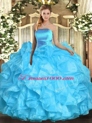 Chic Sleeveless Organza Floor Length Lace Up Sweet 16 Dresses in Aqua Blue with Ruffles