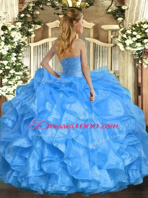 Chic Sleeveless Organza Floor Length Lace Up Sweet 16 Dresses in Aqua Blue with Ruffles