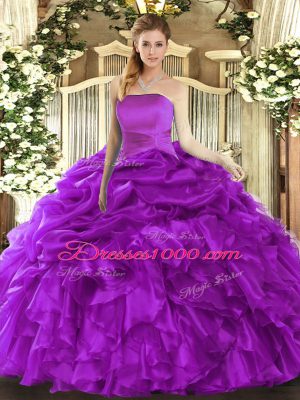 Purple Ball Gowns Organza Strapless Sleeveless Ruffles and Pick Ups Floor Length Lace Up Quinceanera Gown