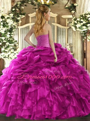 Purple Ball Gowns Organza Strapless Sleeveless Ruffles and Pick Ups Floor Length Lace Up Quinceanera Gown