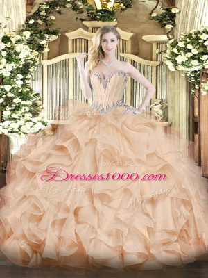 Peach Sweetheart Lace Up Beading and Ruffles Sweet 16 Quinceanera Dress Sleeveless