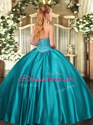 Fitting Sweetheart Sleeveless Lace Up Vestidos de Quinceanera Turquoise Satin