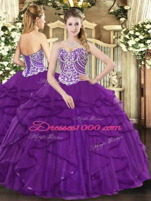 Fitting Sleeveless Floor Length Beading and Ruffles Lace Up Quinceanera Dresses with Purple