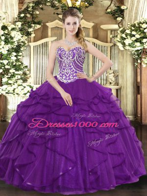 Fitting Sleeveless Floor Length Beading and Ruffles Lace Up Quinceanera Dresses with Purple