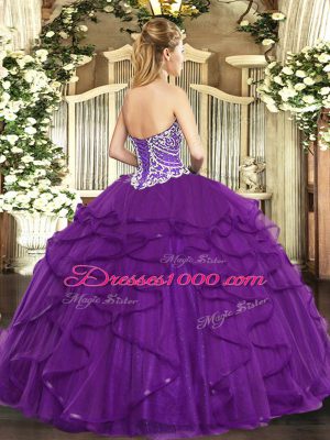 Fitting Sleeveless Floor Length Beading and Ruffles Lace Up Quinceanera Dresses with Purple