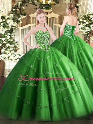 Wonderful Green Sleeveless Tulle Lace Up Quince Ball Gowns for Military Ball and Sweet 16 and Quinceanera