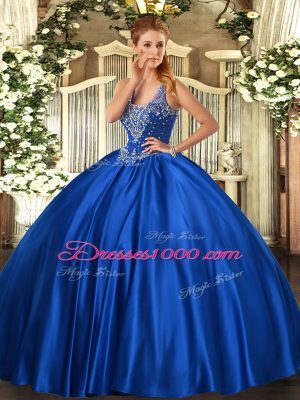 Fine Ball Gowns Quinceanera Gowns Royal Blue Straps Satin Sleeveless Floor Length Lace Up