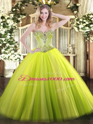 Ideal Yellow Green Tulle Lace Up Quinceanera Gowns Sleeveless Floor Length Beading