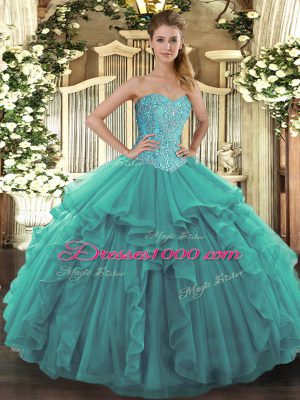 Dynamic Floor Length Lace Up Quinceanera Gown Turquoise for Military Ball and Sweet 16 and Quinceanera with Beading and Ruffles