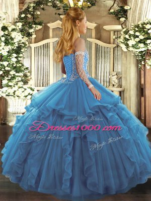 Dynamic Floor Length Lace Up Quinceanera Gown Turquoise for Military Ball and Sweet 16 and Quinceanera with Beading and Ruffles