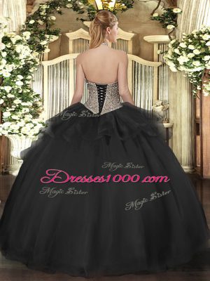 Halter Top Sleeveless Quinceanera Dress Floor Length Beading Blue Tulle