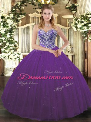 Sleeveless Tulle Floor Length Lace Up Sweet 16 Quinceanera Dress in Purple with Beading