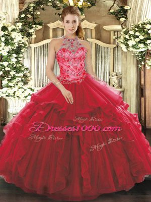 Sexy Coral Red Sleeveless Organza Lace Up 15th Birthday Dress for Military Ball and Sweet 16 and Quinceanera