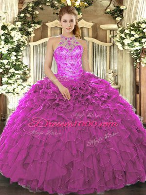 Sleeveless Lace Up Floor Length Beading and Embroidery and Ruffles Sweet 16 Quinceanera Dress