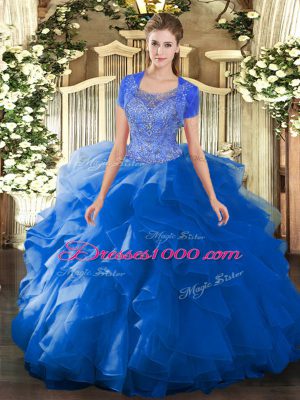 Floor Length Clasp Handle Sweet 16 Quinceanera Dress Blue for Military Ball and Sweet 16 and Quinceanera with Beading and Ruffled Layers