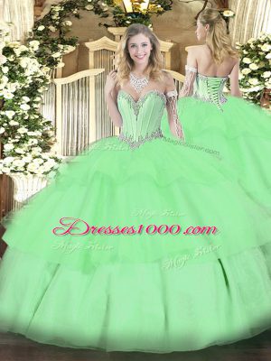 Apple Green Lace Up 15 Quinceanera Dress Beading and Ruffled Layers Sleeveless Floor Length