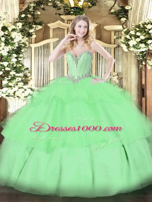 Apple Green Lace Up 15 Quinceanera Dress Beading and Ruffled Layers Sleeveless Floor Length
