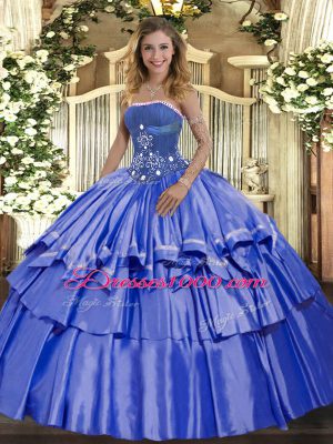 Strapless Sleeveless Lace Up Quinceanera Gowns Blue Organza and Taffeta