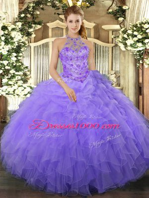 Sleeveless Beading and Ruffles Lace Up Quince Ball Gowns
