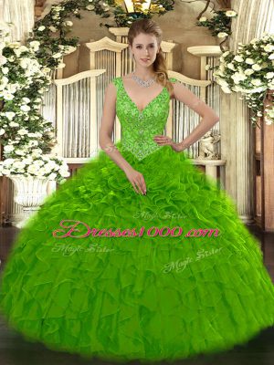 Beauteous Green Sleeveless Beading and Ruffles Floor Length Quinceanera Gown