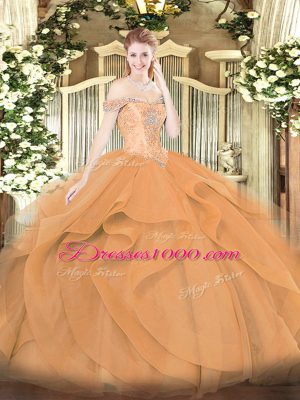 Discount Orange Ball Gowns Tulle Off The Shoulder Sleeveless Beading and Ruffles Floor Length Lace Up Quinceanera Dress
