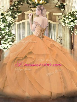 Discount Orange Ball Gowns Tulle Off The Shoulder Sleeveless Beading and Ruffles Floor Length Lace Up Quinceanera Dress