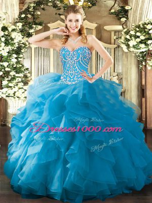 High Class Aqua Blue Sweetheart Neckline Beading and Ruffles Ball Gown Prom Dress Sleeveless Lace Up