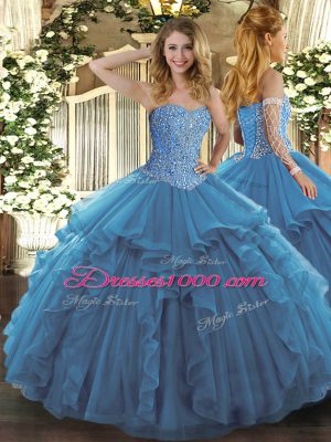 Charming Teal Sleeveless Tulle Lace Up 15 Quinceanera Dress for Military Ball and Sweet 16 and Quinceanera