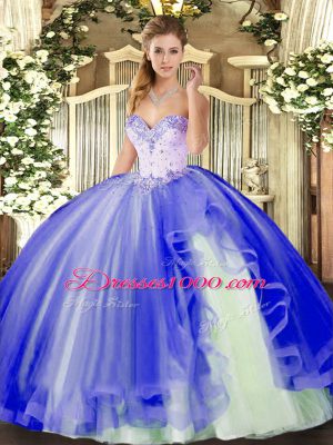 Blue Sleeveless Floor Length Beading and Ruffles Lace Up Ball Gown Prom Dress
